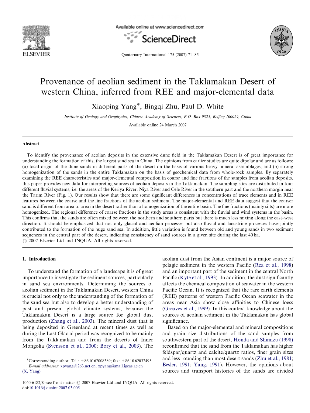 Provenance of Aeolian Sediment in the Taklamakan Desert of Western China, Inferred from REE and Major-Elemental Data