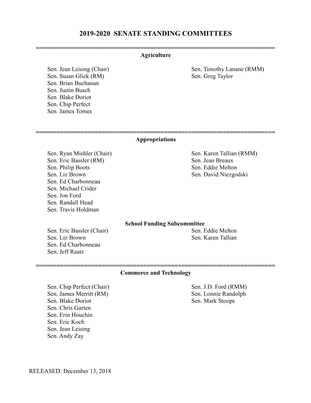 2019-20 Senate Standing Committee Assignments Ethics Update 12.13.18