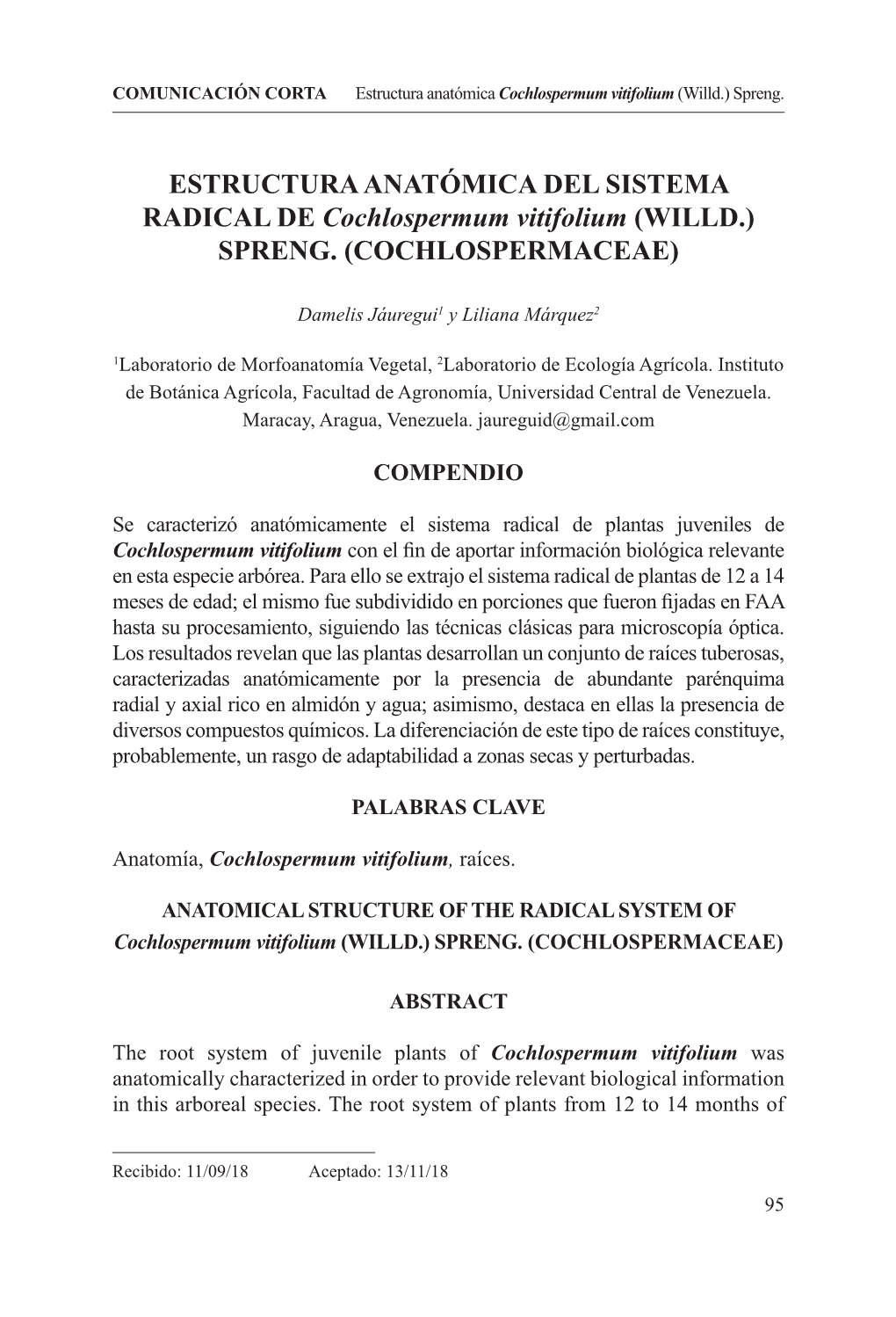 ESTRUCTURA ANATÓMICA DEL SISTEMA RADICAL DE Cochlospermum Vitifolium (WILLD.) SPRENG