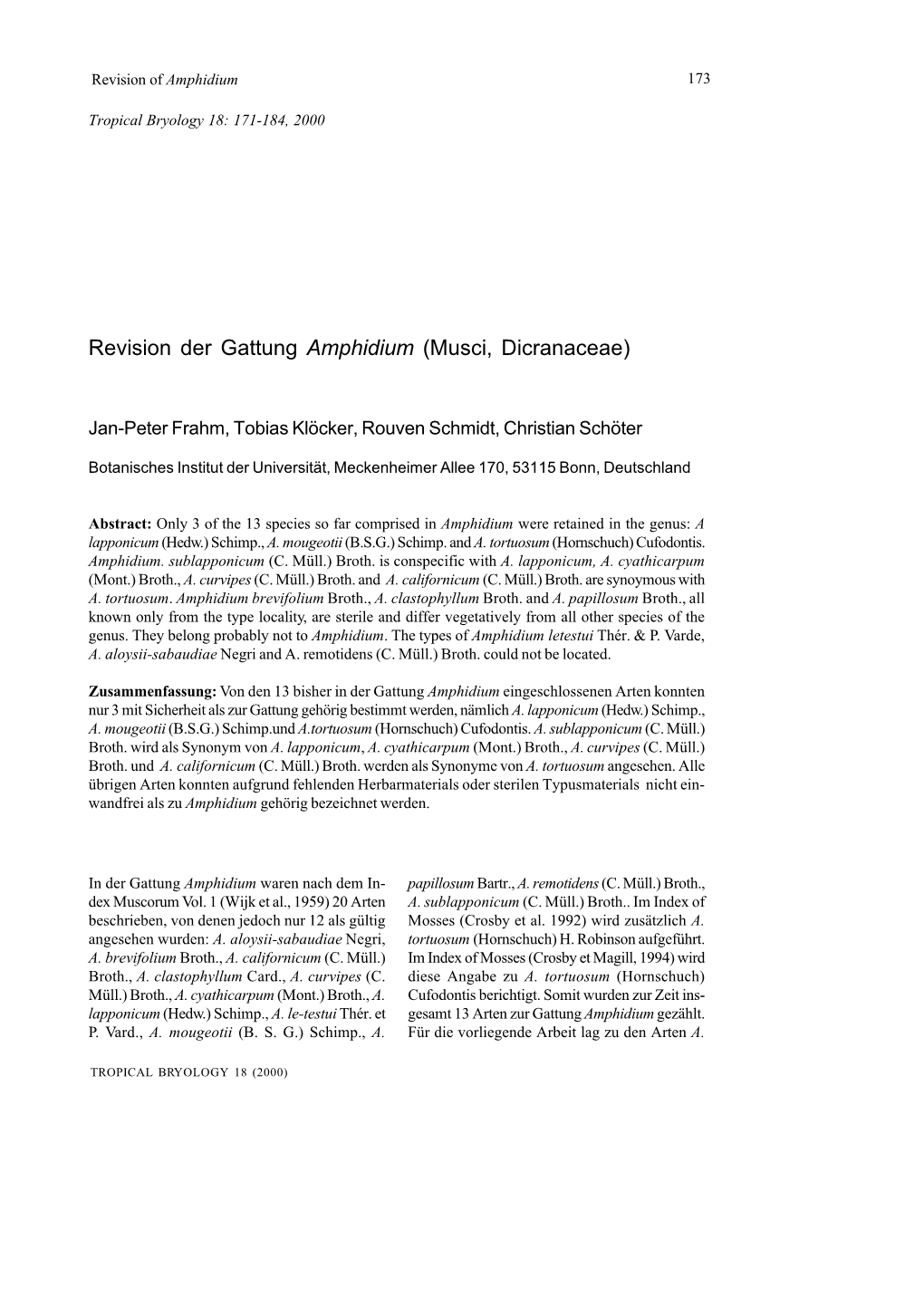 Revision Der Gattung Amphidium (Musci, Dicranaceae)