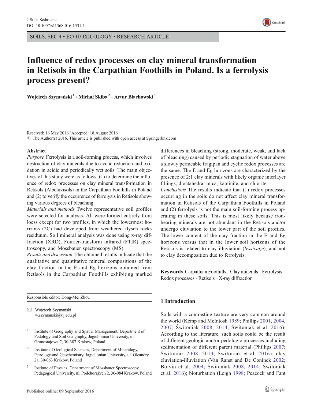 Influence of Redox Processes on Clay Mineral Transformation in Retisols in the Carpathian Foothills in Poland