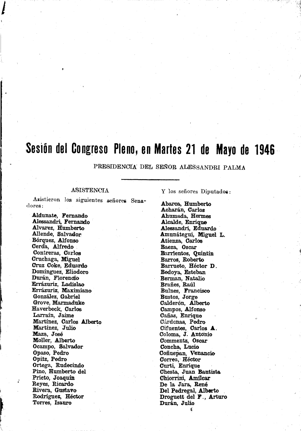 Sesión Del Congreso Pleno, En Marfes 21 De Mayo De 1946·