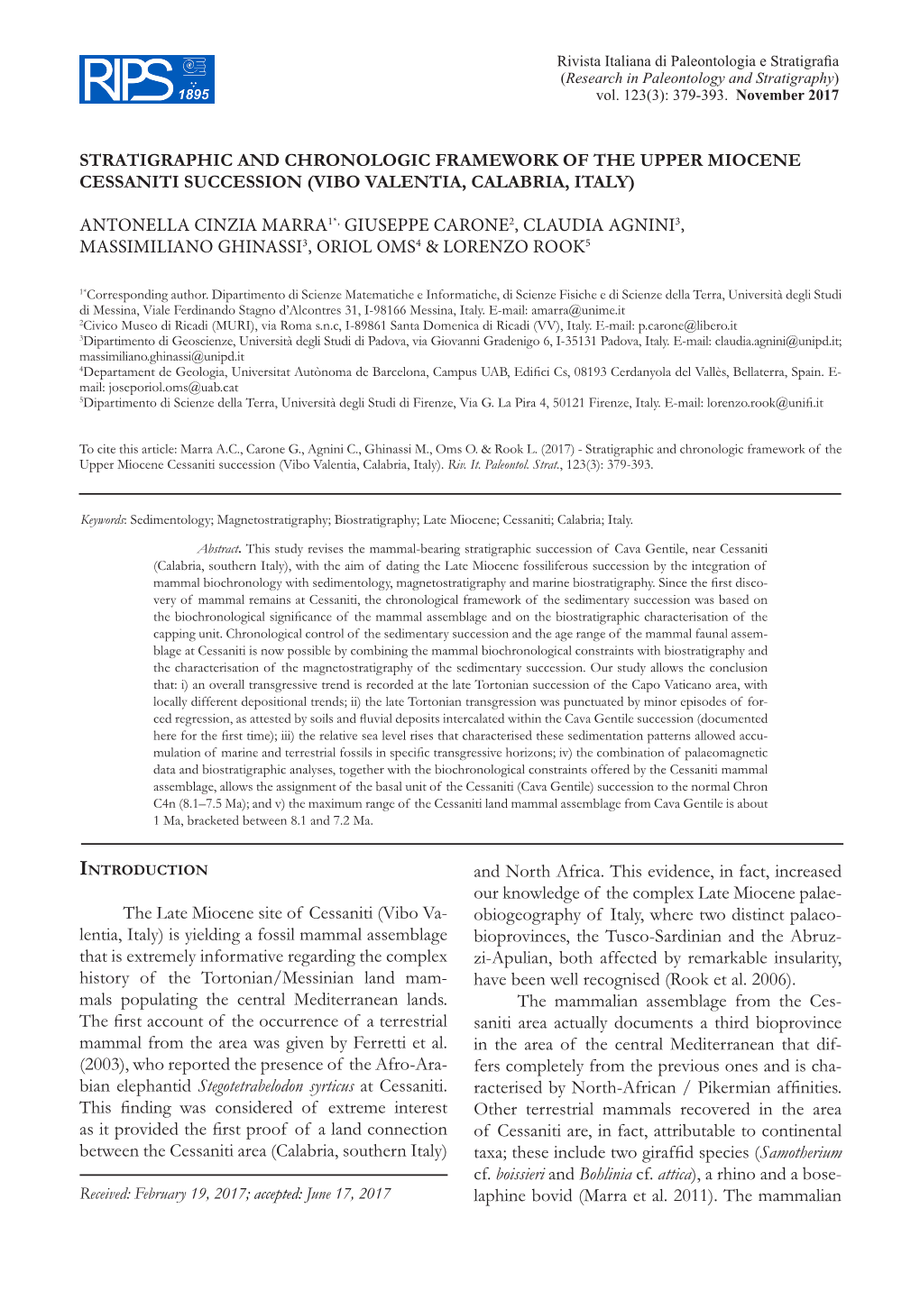 Stratigraphic and Chronologic Framework of the Upper Miocene Cessaniti Succession (Vibo Valentia, Calabria, Italy)