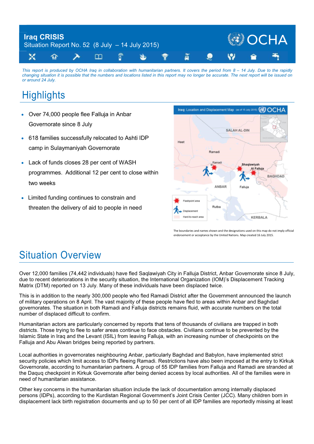 Iraq CRISIS Situation Report No. 52 (8 July – 14 July 2015)