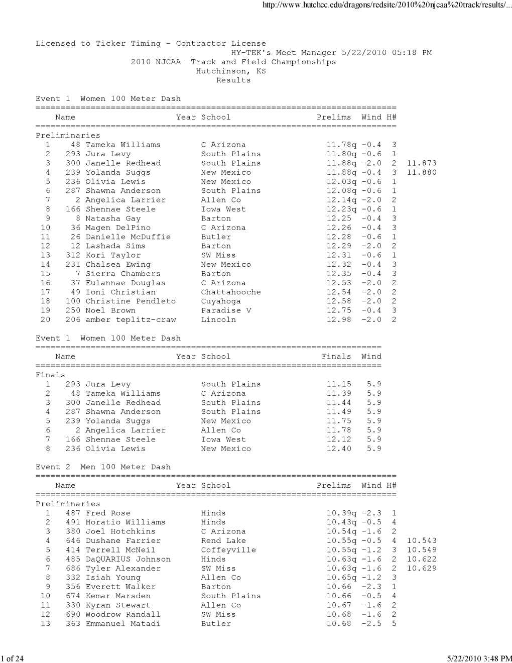 Contractor License HY-TEK's Meet Manager 5/22/2010 05:18 PM 2010 NJCAA Track and Field Championships Hutchinson, KS Results