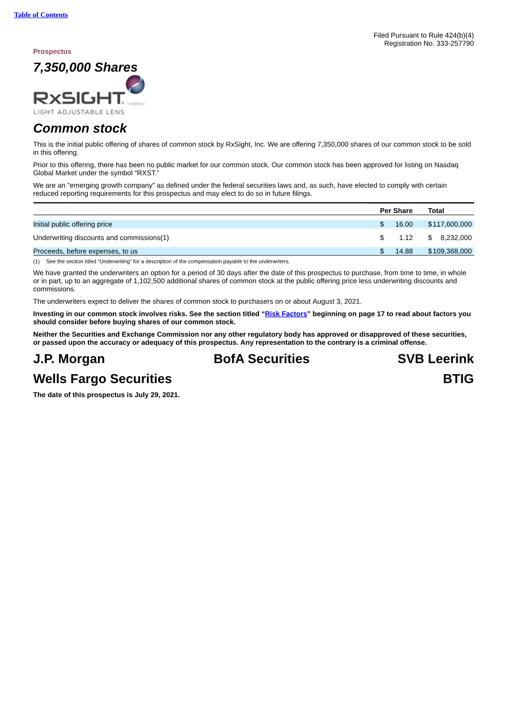 7350000 Shares Common Stock JP Morgan Bofa