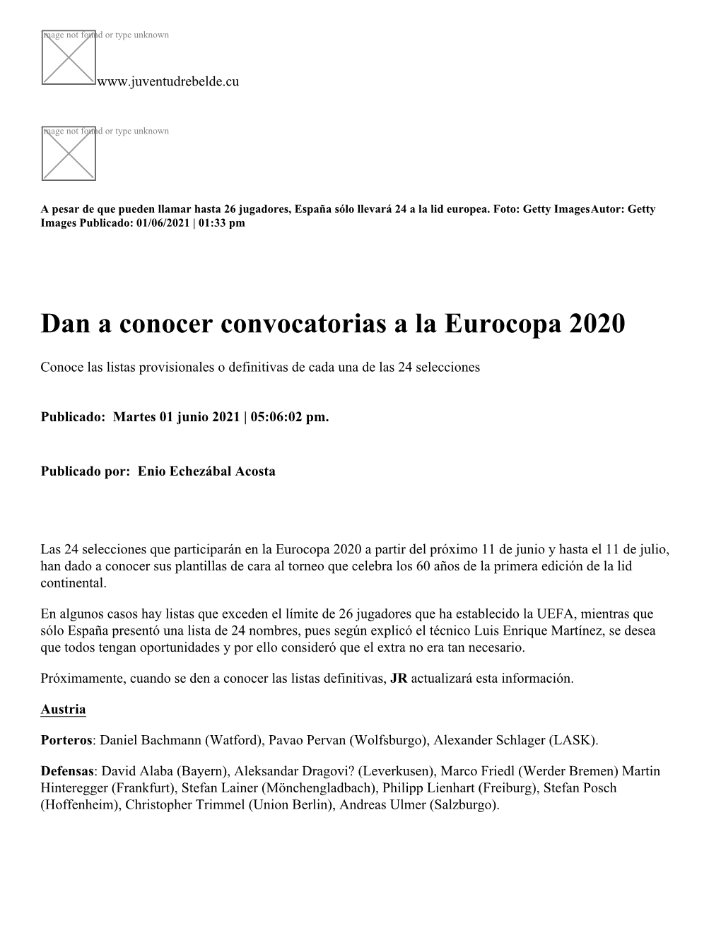 Dan a Conocer Convocatorias a La Eurocopa 2020