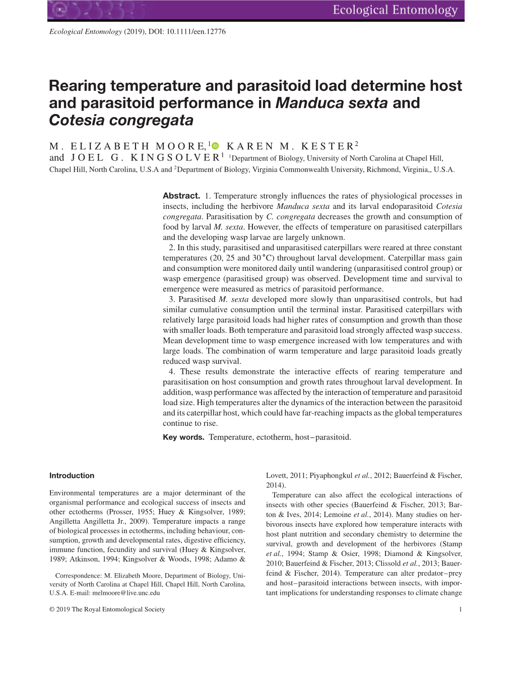 Rearing Temperature and Parasitoid Load Determine Host and Parasitoid Performance in Manduca Sexta and Cotesia Congregata