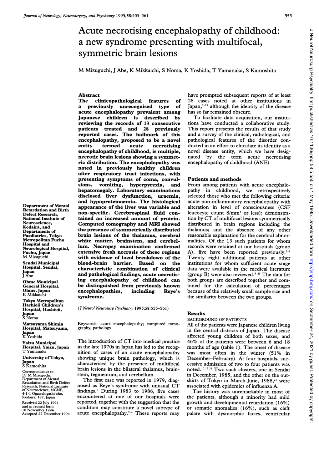 Acute Necrotising Encephalopathy of Childhood: J Neurol Neurosurg Psychiatry: First Published As 10.1136/Jnnp.58.5.555 on 1 May 1995