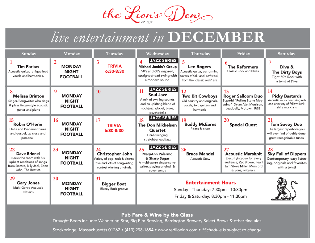 Live Entertainment in DECEMBER