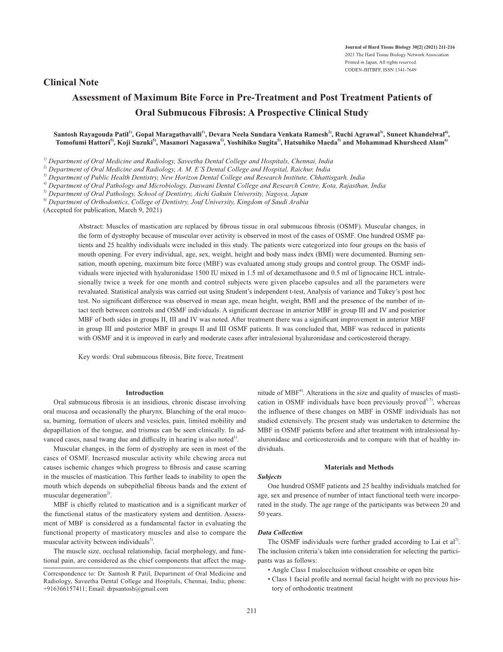 Clinical Note Assessment of Maximum Bite Force in Pre-Treatment and Post Treatment Patients of Oral Submucous Fibrosis: a Prospective Clinical Study