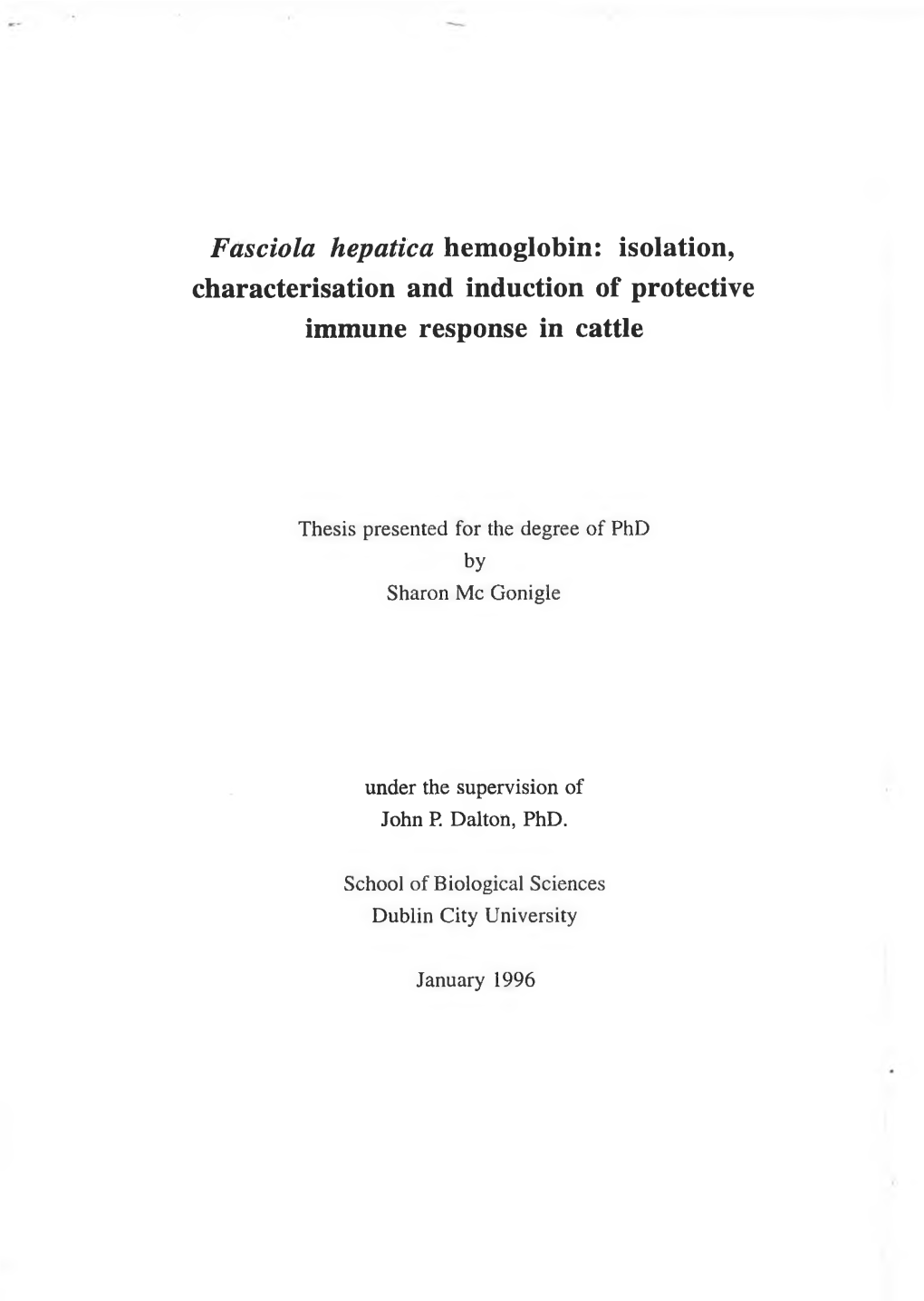 Fasciola Hepatica Hemoglobin: Isolation, Characterisation and Induction of Protective Immune Response in Cattle