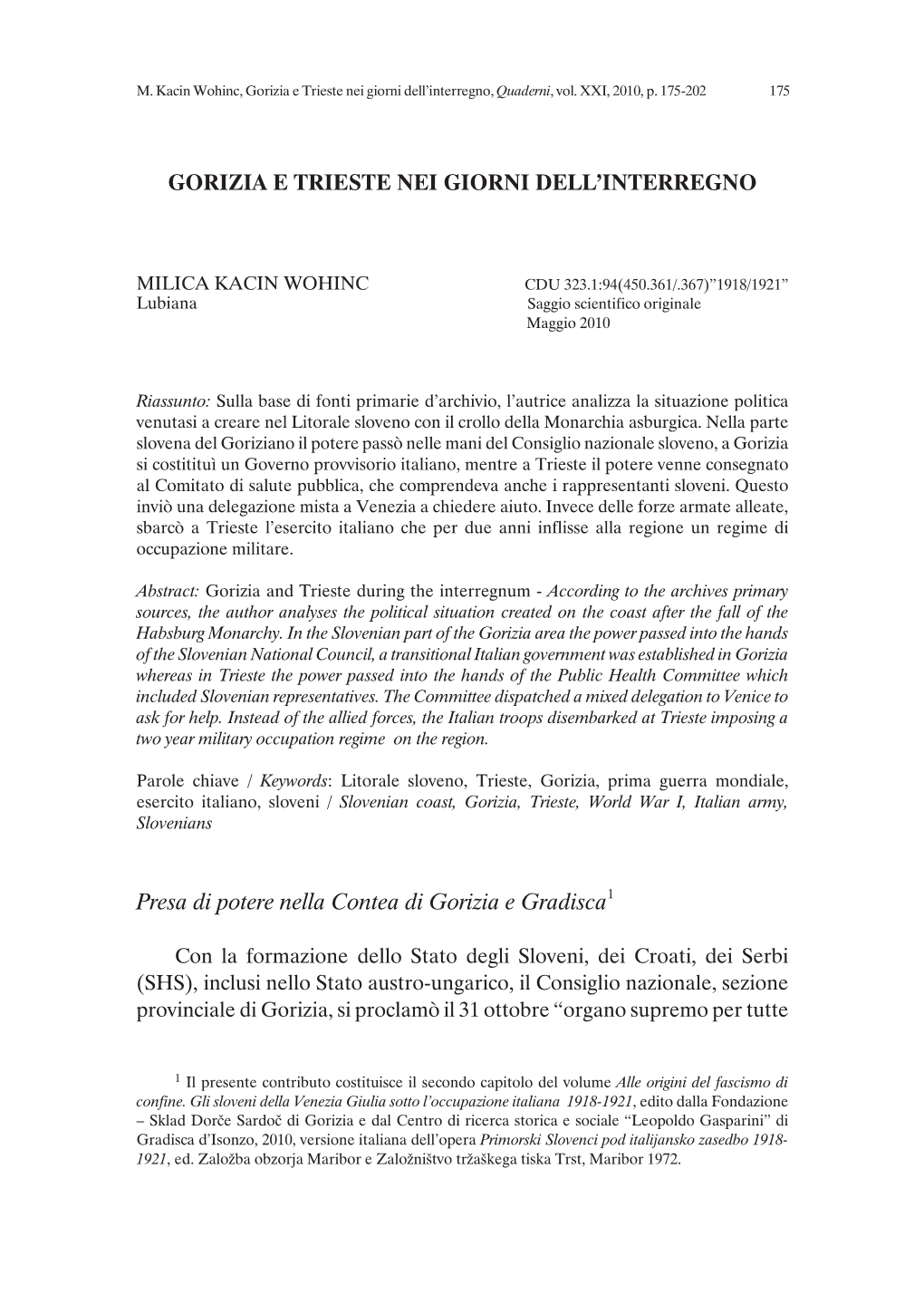 GORIZIA E TRIESTE NEI GIORNI DELL'interregno Presa Di