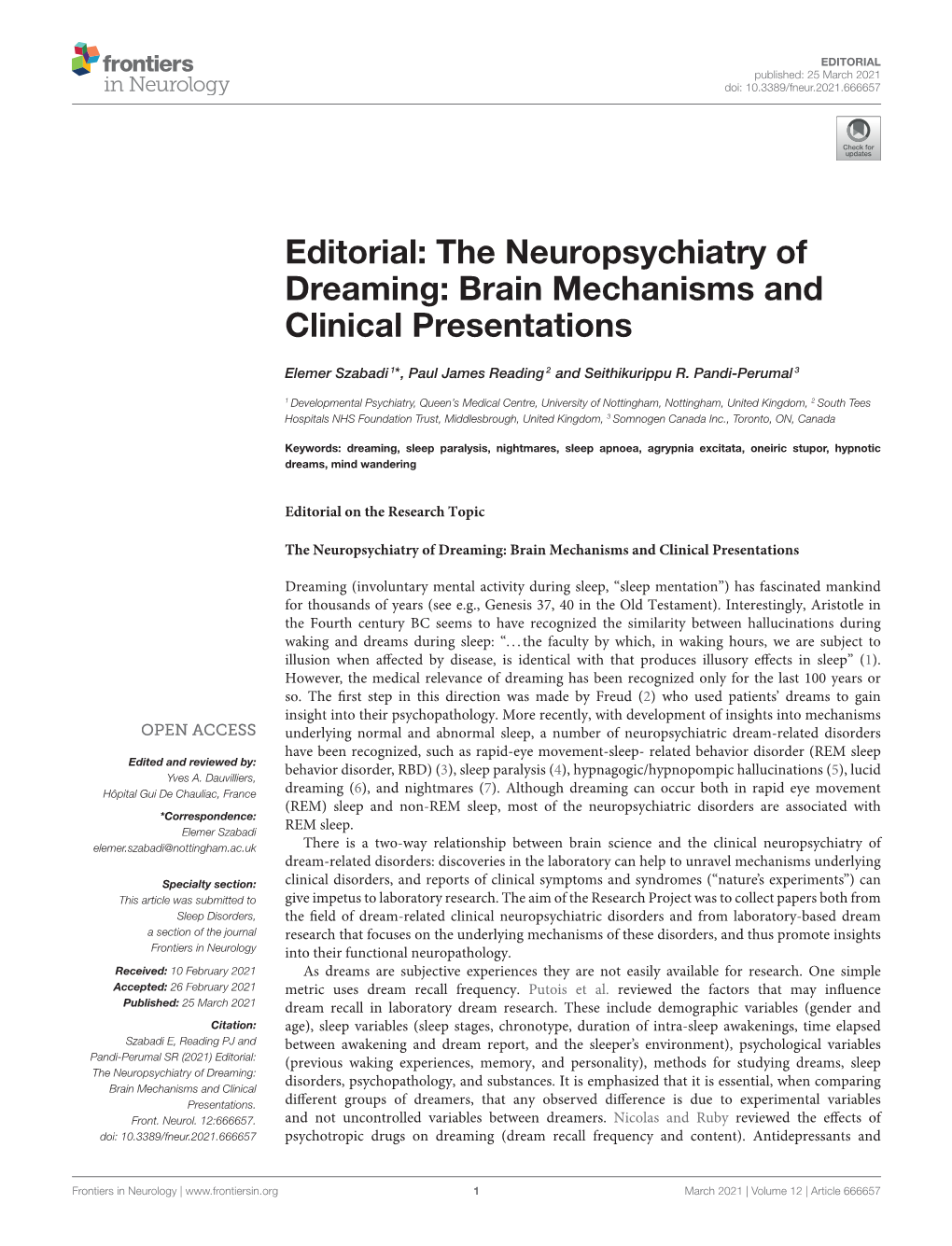 Editorial: the Neuropsychiatry of Dreaming: Brain Mechanisms and Clinical Presentations