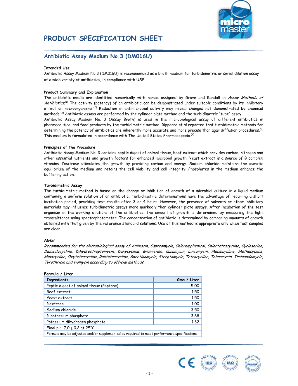 Product Specification Sheet