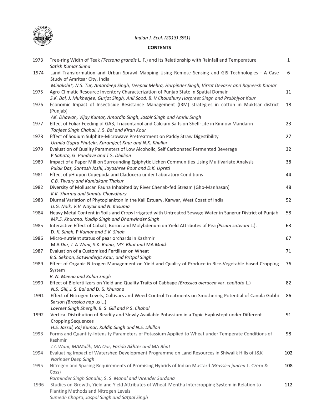 CONTENTS 1973 Tree-Ring Width of Teak