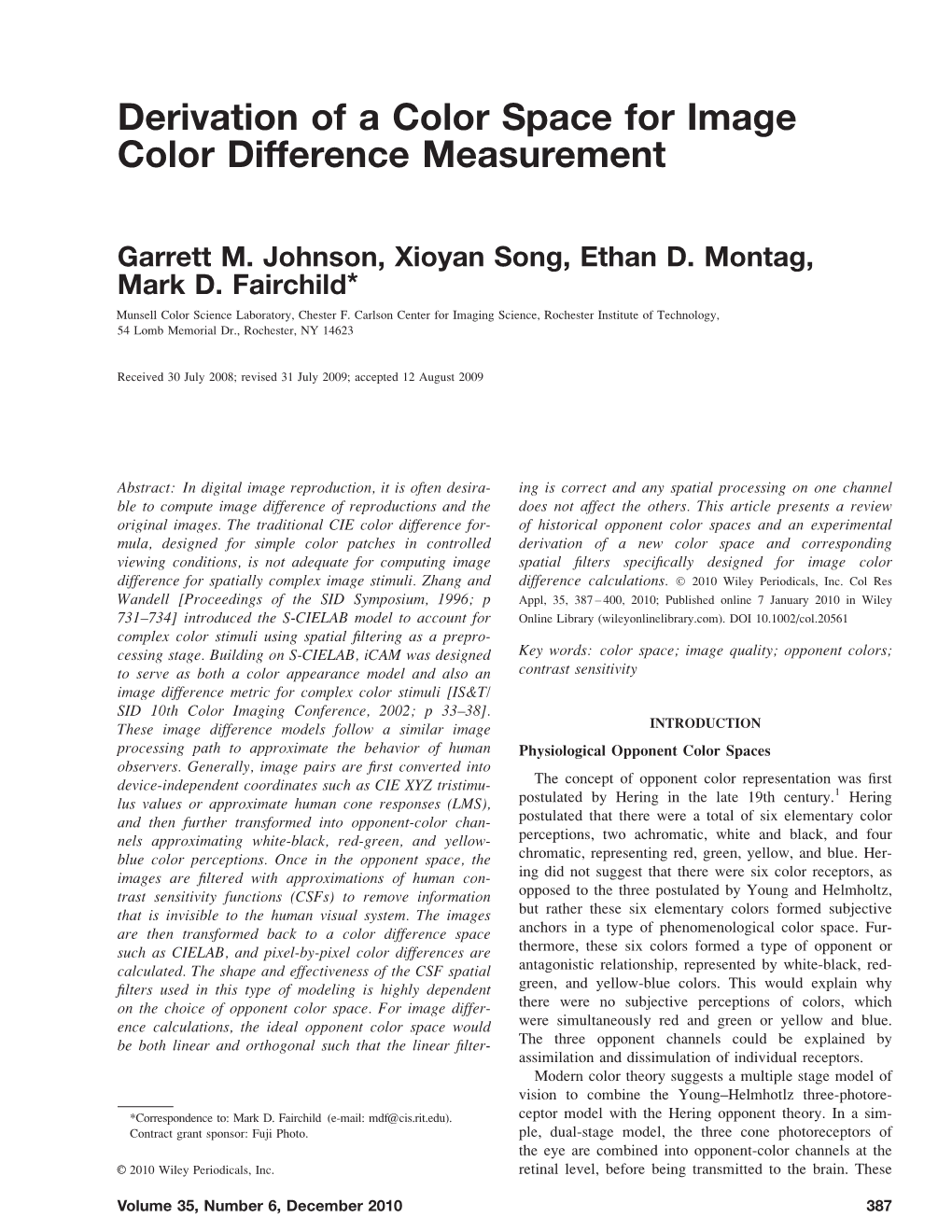 Derivation of a Color Space for Image Color Difference Measurement