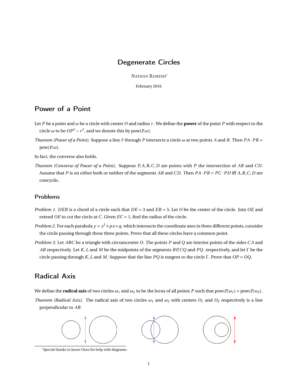 Degenerate Circles Power of a Point Radical Axis