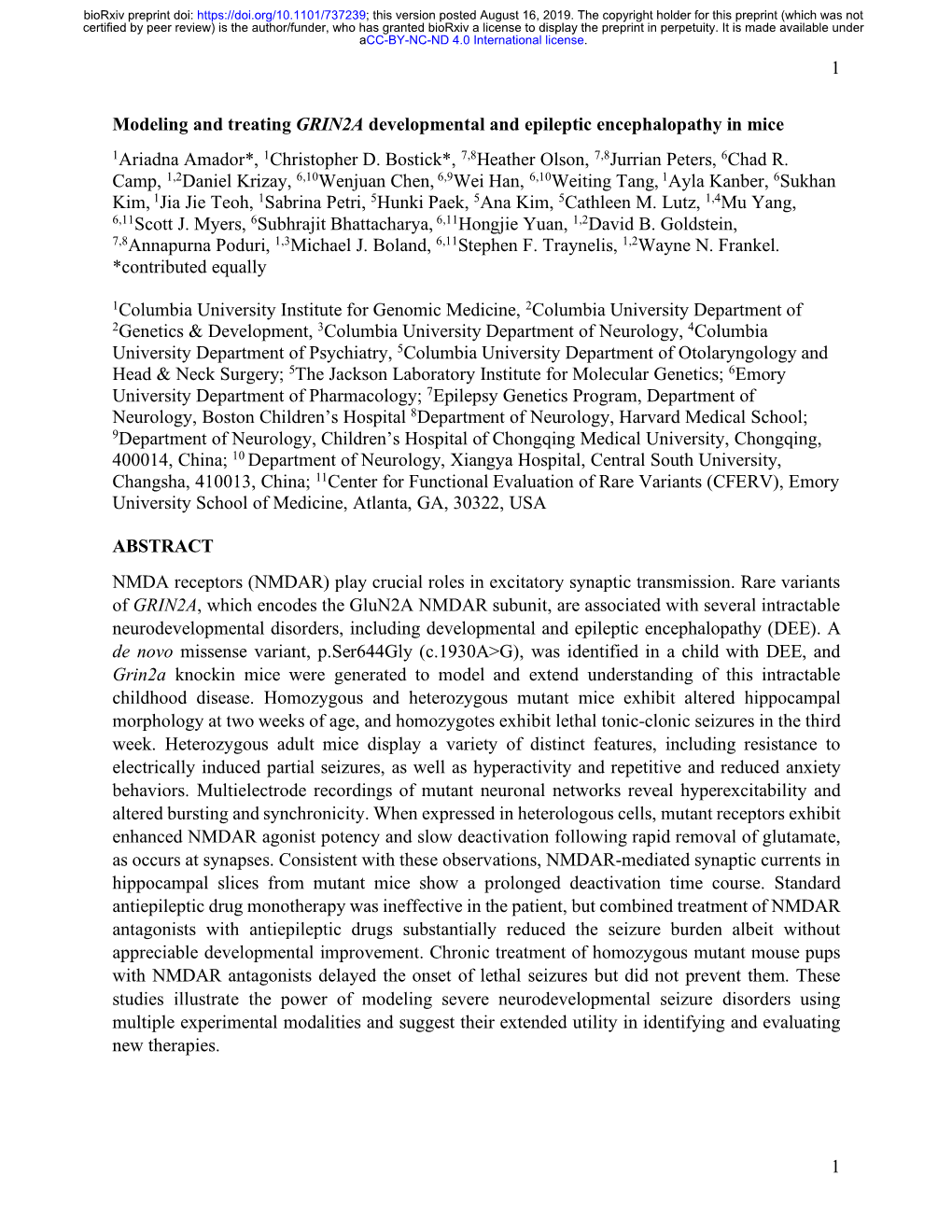 Modeling and Treating GRIN2A Developmental and Epileptic Encephalopathy in Mice 1Ariadna Amador*, 1Christopher D