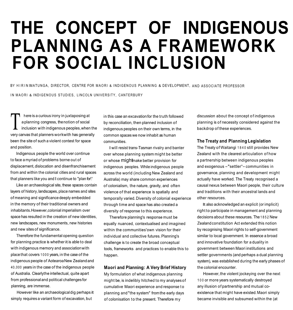 The Concept of Indigenous Planning As a Framework for Social Inclusion