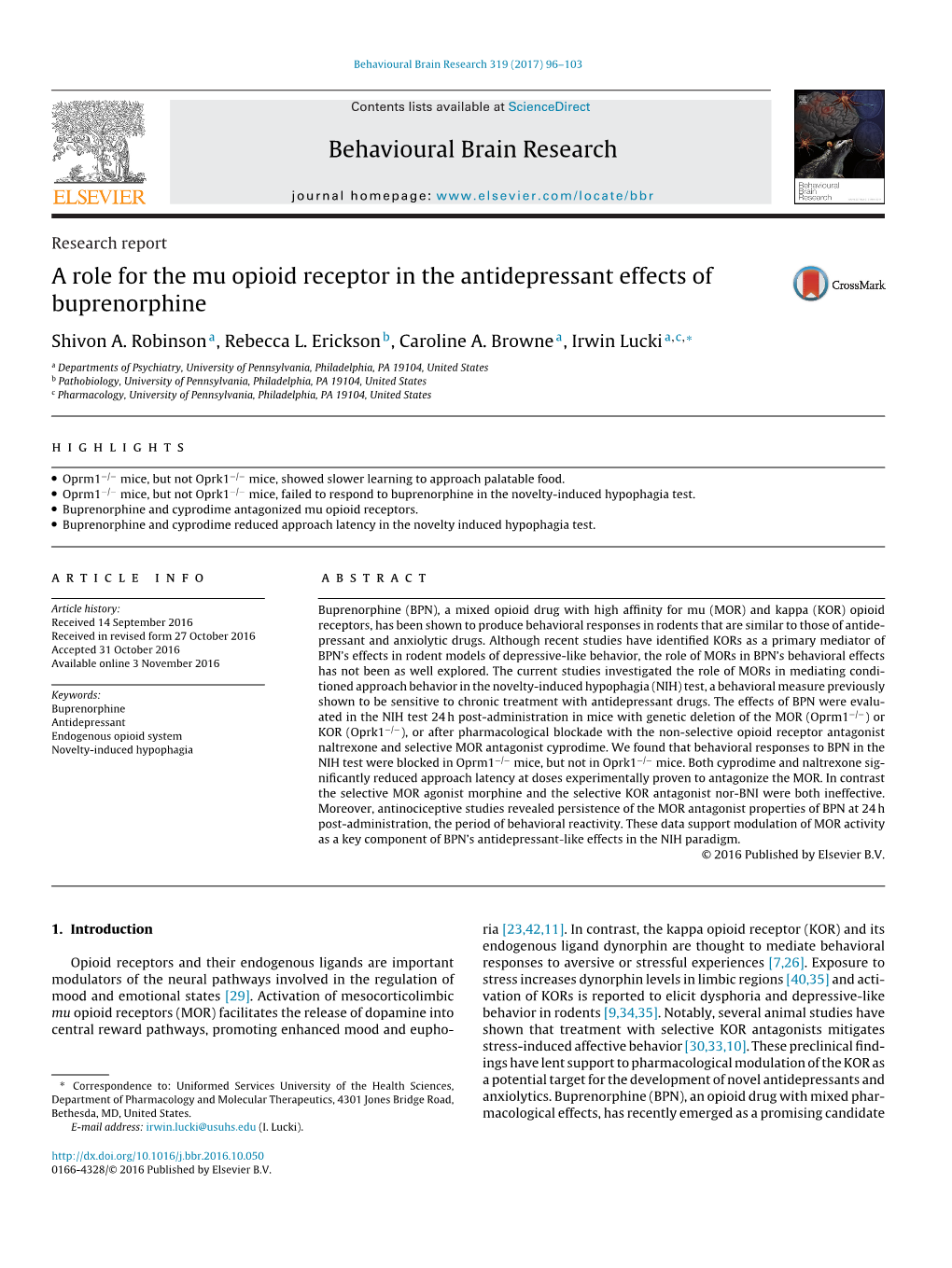 A Role for the Mu Opioid Receptor in the Antidepressant Effects of Buprenorphine