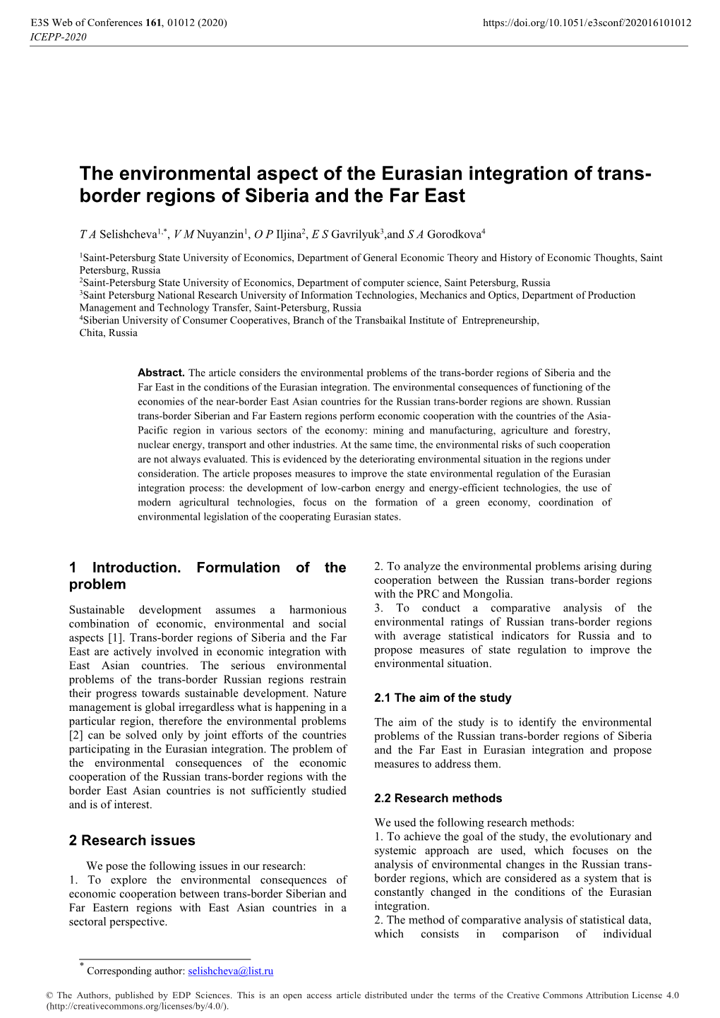 The Environmental Aspect of the Eurasian Integration of Trans-Border Regions of Siberia and the Far East