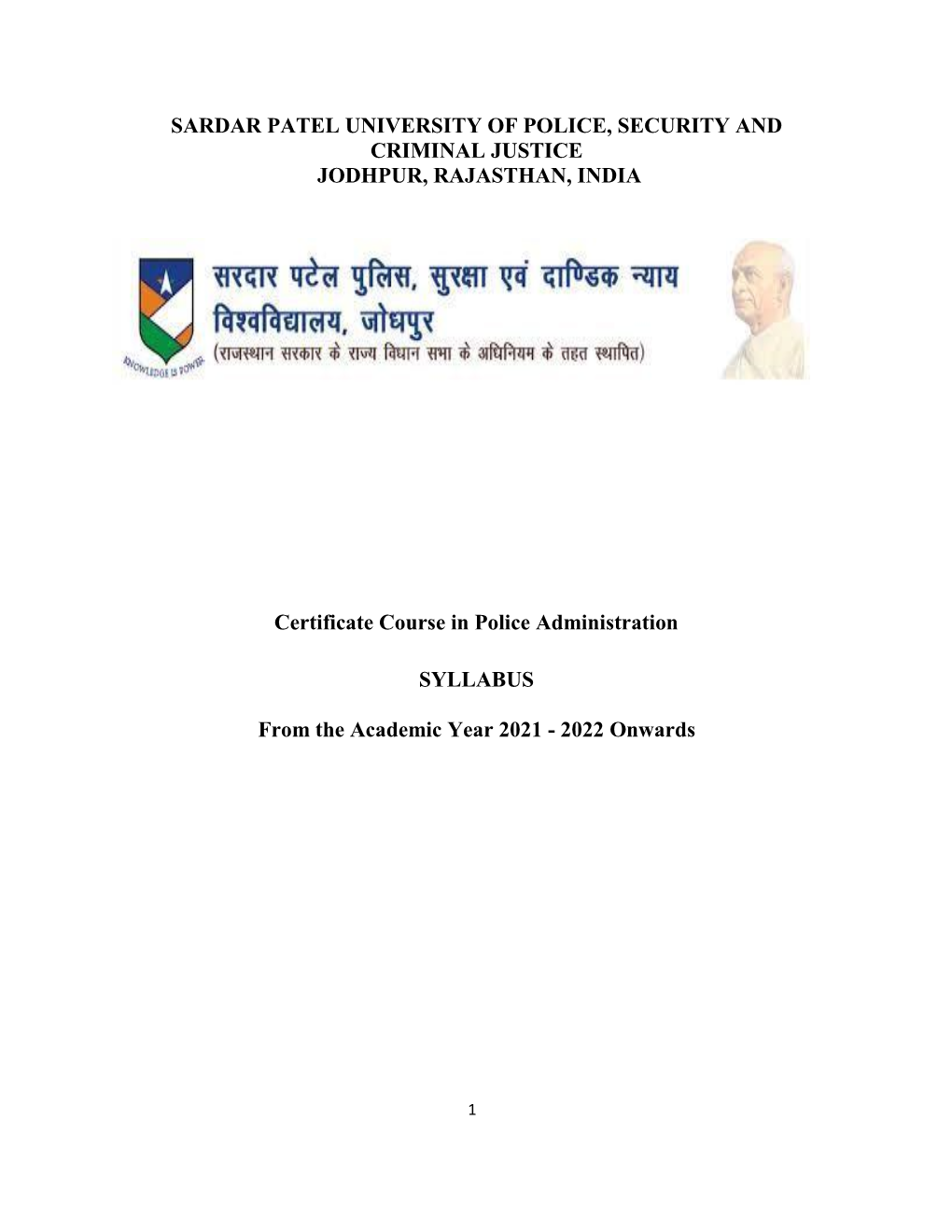 Syllabus of Certificate Course in Police Administration