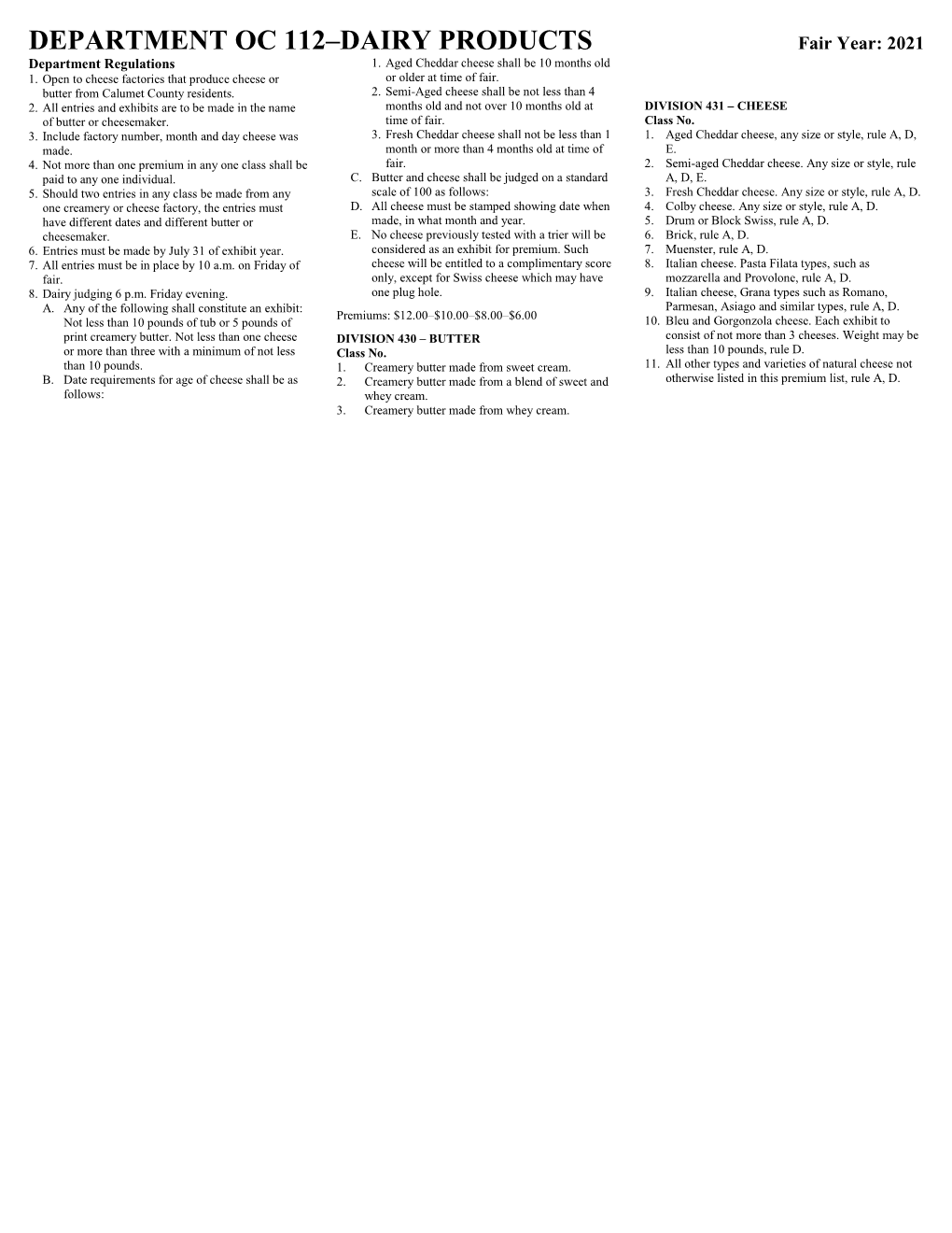 DEPARTMENT OC 112–DAIRY PRODUCTS Fair Year: 2021 Department Regulations 1