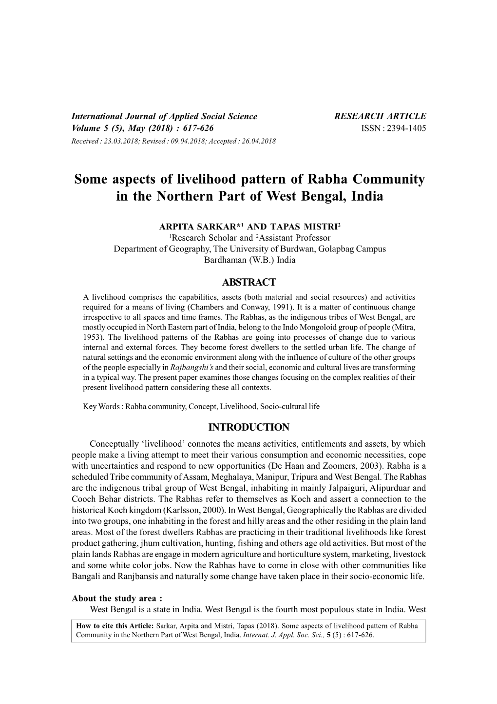 Some Aspects of Livelihood Pattern of Rabha Community in the Northern Part of West Bengal, India