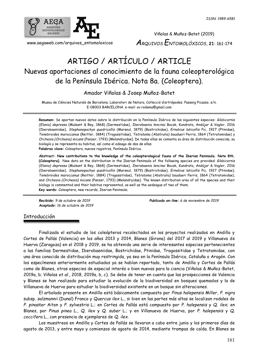 ARTIGO / ARTÍCULO / ARTICLE Nuevas Aportaciones Al Conocimiento De La Fauna Coleopterológica