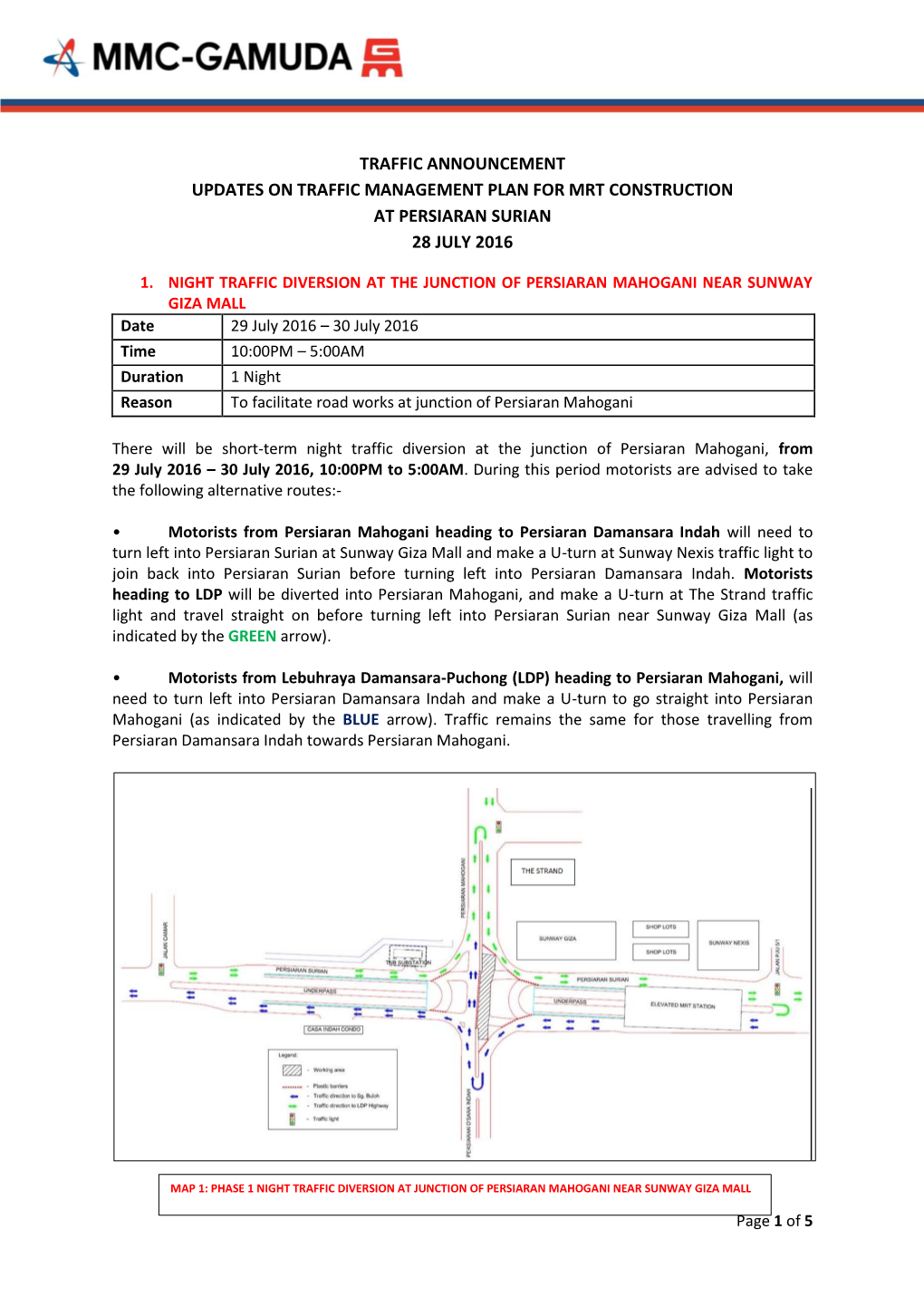 Traffic Announcement Updates on Traffic Management Plan for Mrt Construction at Persiaran Surian 28 July 2016