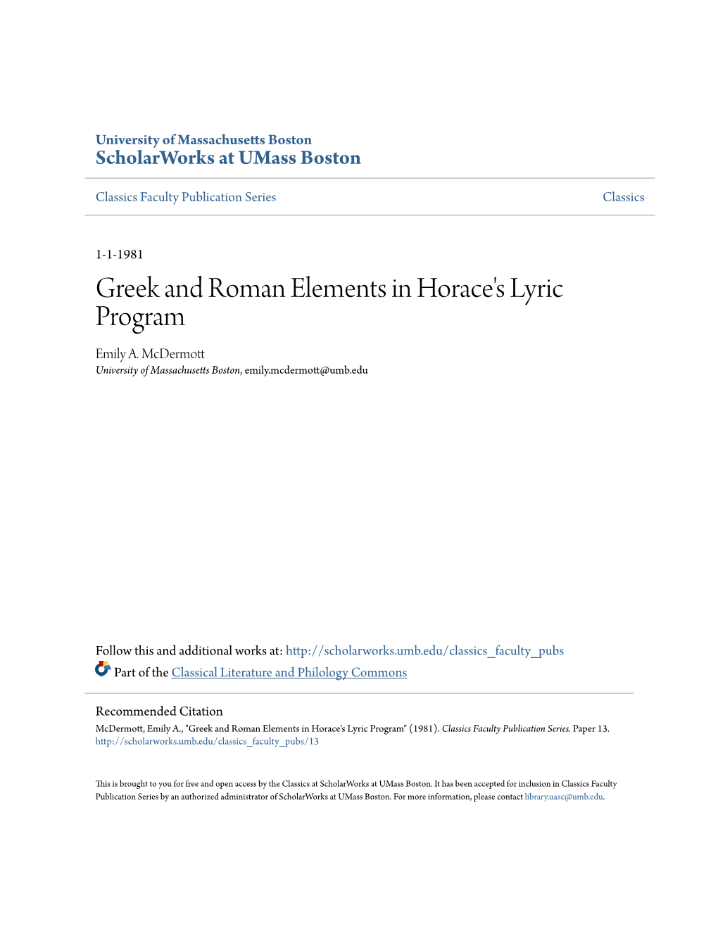 Greek and Roman Elements in Horace's Lyric Program Emily A