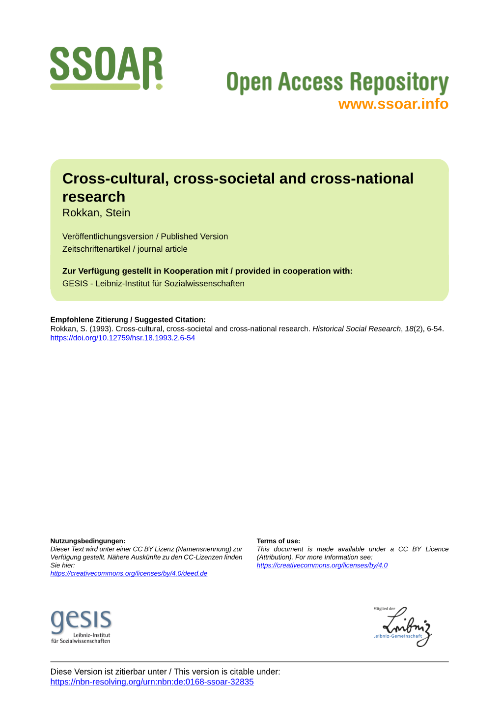 Cross-Cultural, Cross-Societal and Cross-National Research Rokkan, Stein