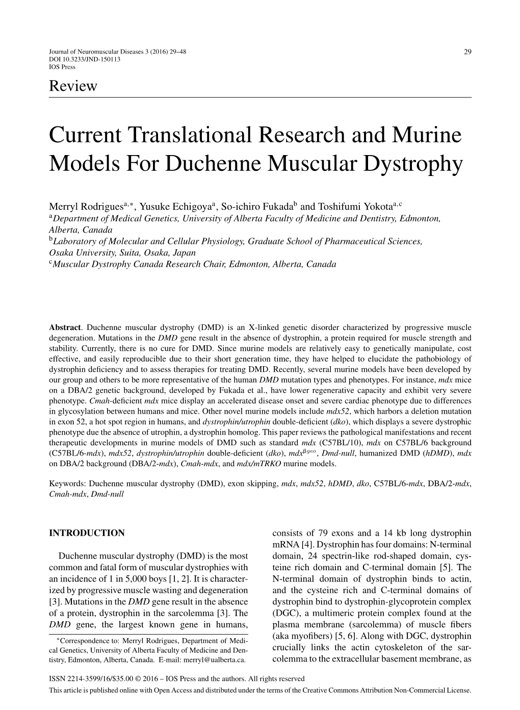 Current Translational Research and Murine Models for Duchenne Muscular Dystrophy