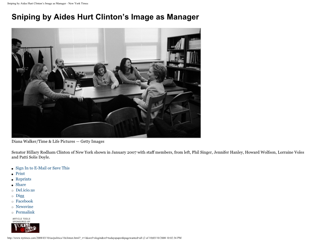 Sniping by Aides Hurt Clinton's Image As Manager