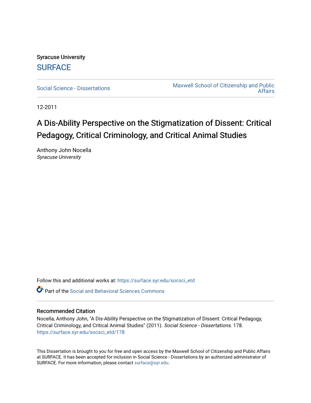 A Dis-Ability Perspective on the Stigmatization of Dissent: Critical Pedagogy, Critical Criminology, and Critical Animal Studies