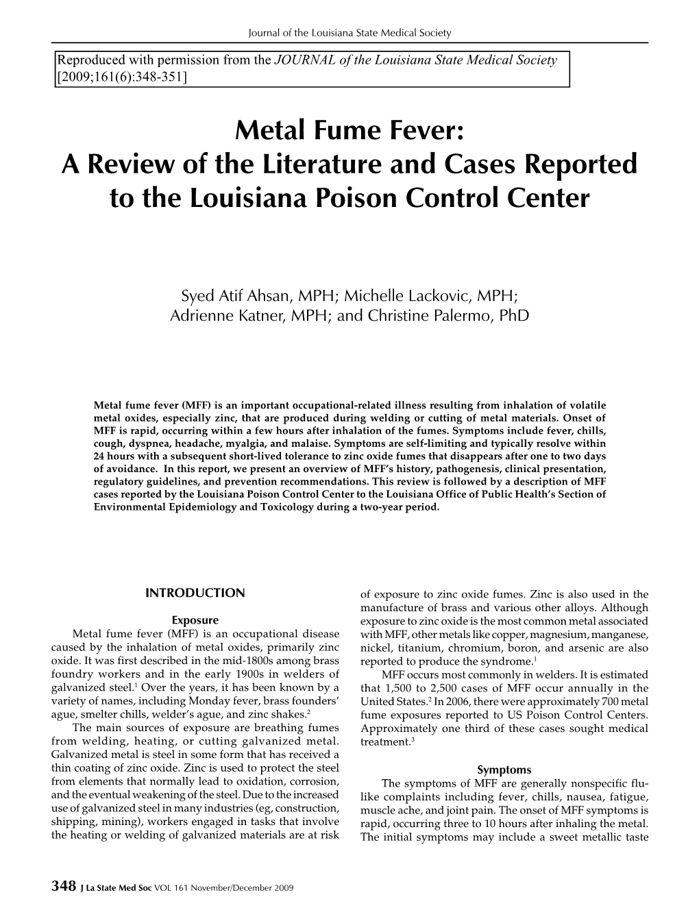 Metal Fume Fever: a Review of the Literature and Cases Reported to the Louisiana Poison Control Center
