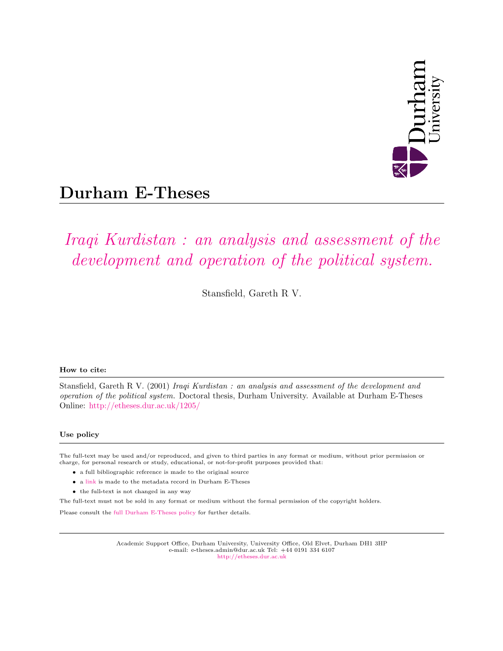 Durham E-Theses Iraqi Kurdistan : an Analysis and Assessment of The