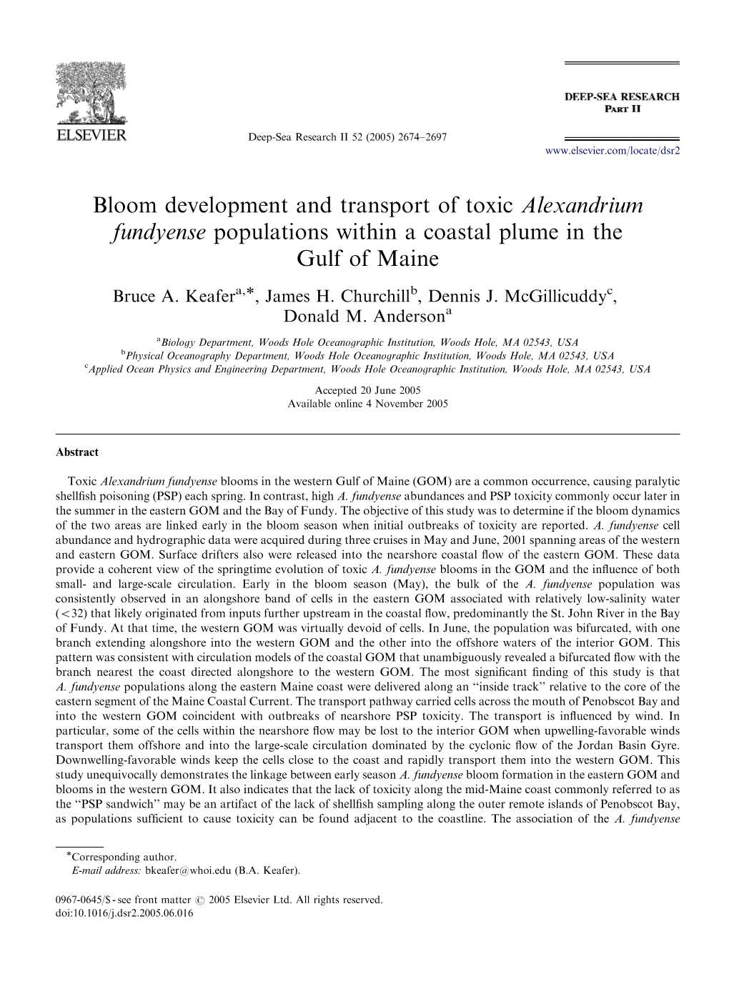 Bloom Development and Transport of Toxic Alexandrium Fundyense Populations Within a Coastal Plume in the Gulf of Maine