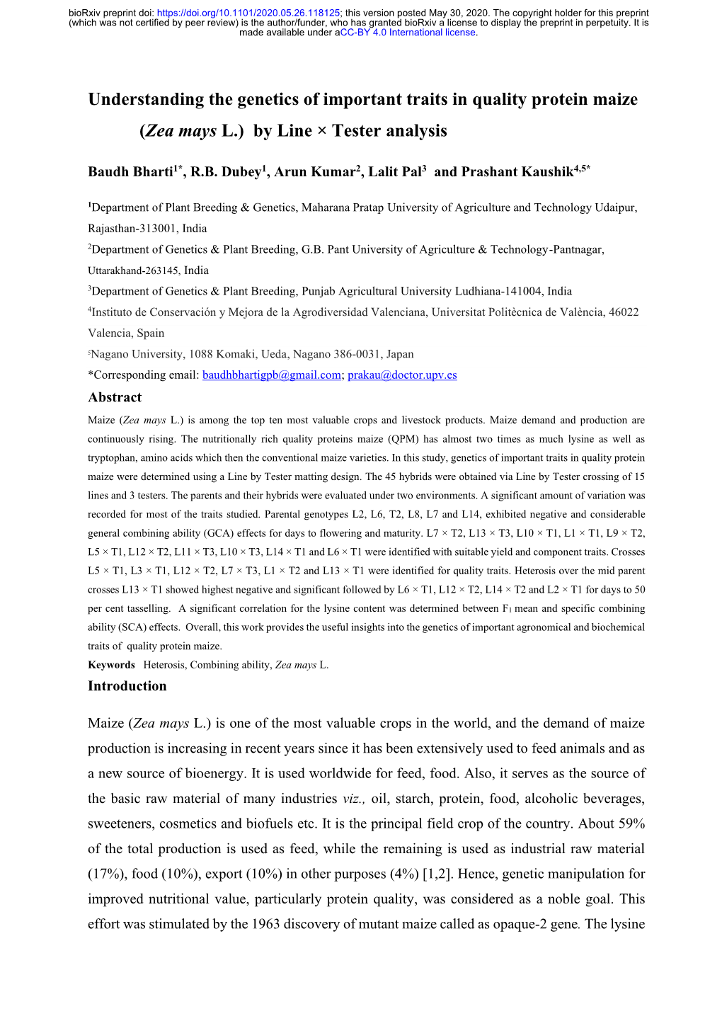 Understanding the Genetics of Important Traits in Quality Protein Maize (Zea Mays L.) by Line × Tester Analysis