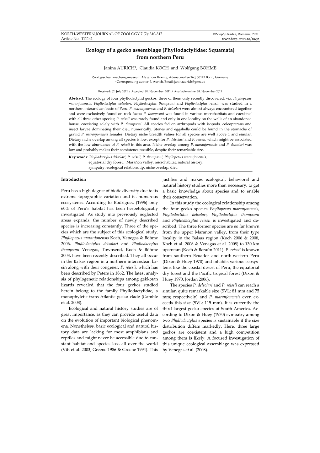 Ecology of a Gecko Assemblage (Phyllodactylidae: Squamata) from Northern Peru