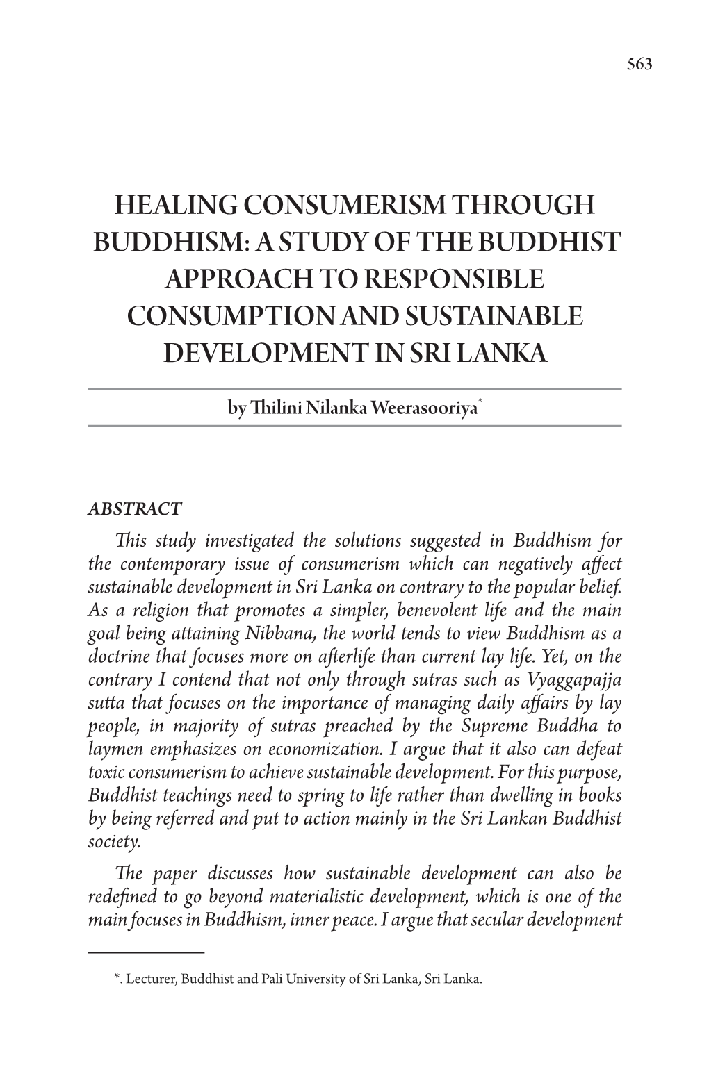 Healing Consumerism Through Buddhism: a Study of the Buddhist Approach to Responsible Consumption and Sustainable Development in Sri Lanka