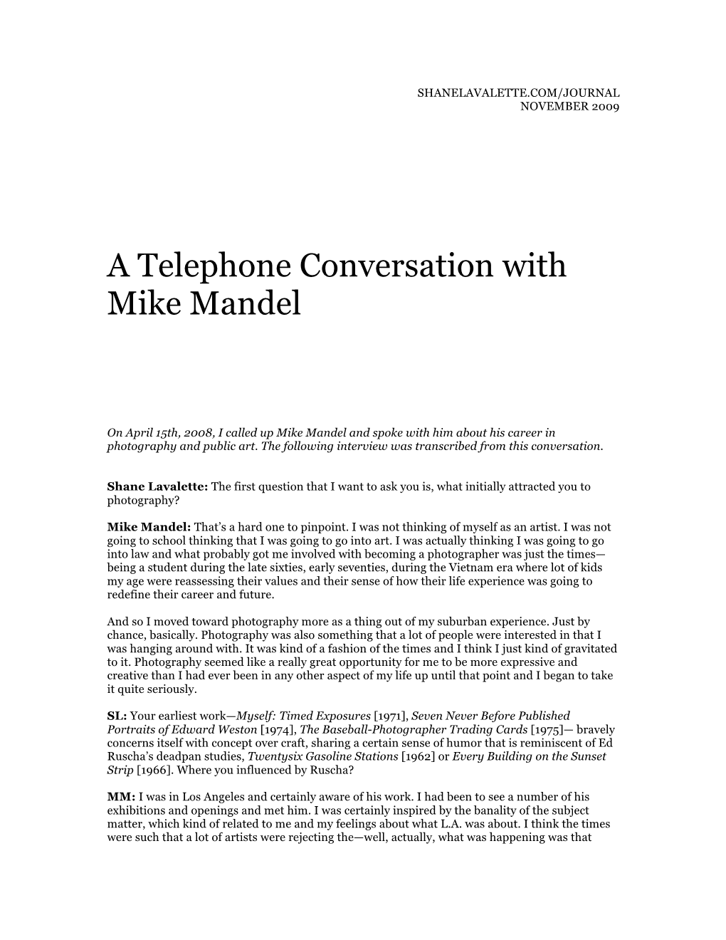 A Telephone Conversation with Mike Mandel