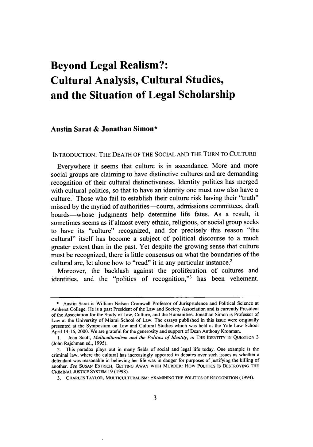 Cultural Analysis, Cultural Studies, and the Situation of Legal Scholarship