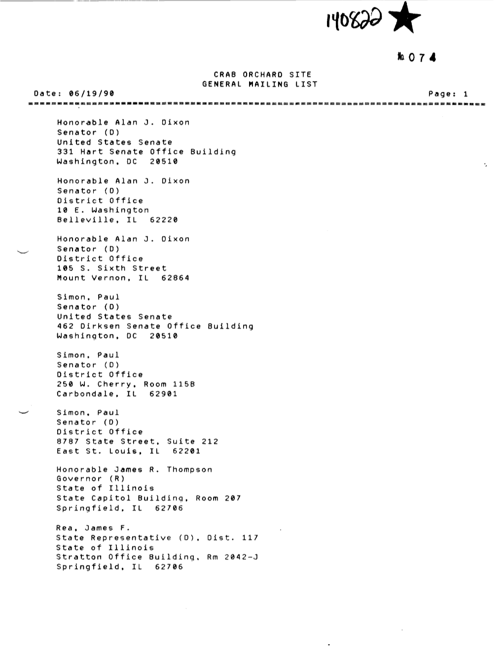 CRAB ORCHARD SITE GENERAL MAILING LIST Date: 06/19/90 Page: 1 Honorable Alan J