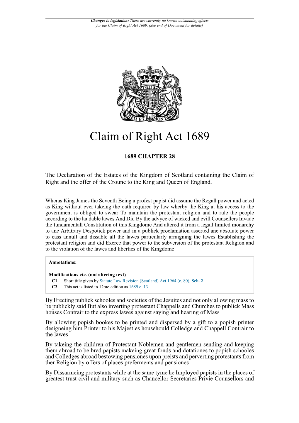 Claim of Right Act 1689