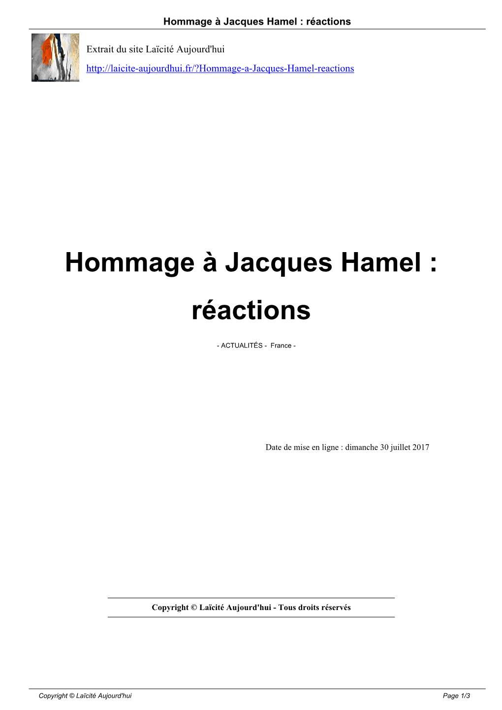 Hommage À Jacques Hamel : Réactions