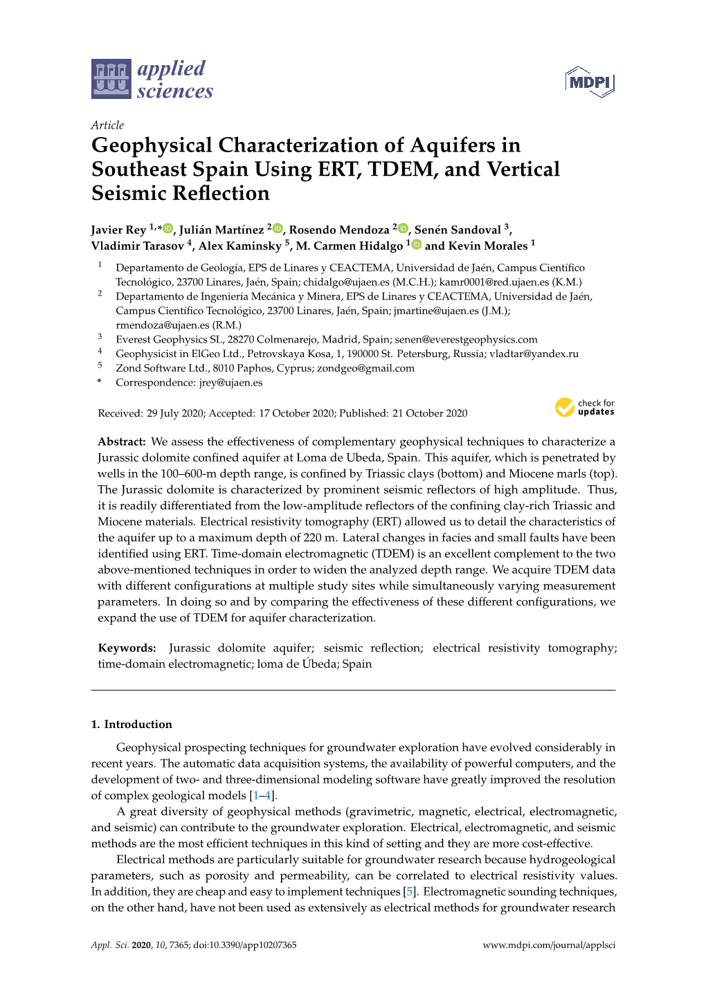 Geophysical Characterization of Aquifers in Southeast Spain Using ERT, TDEM, and Vertical Seismic Reflection