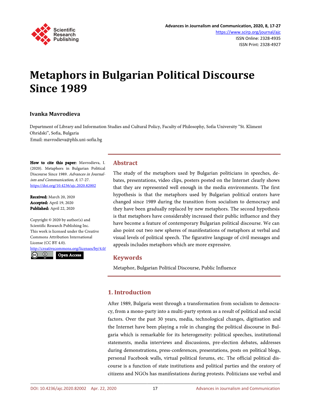 Metaphors in Bulgarian Political Discourse Since 1989