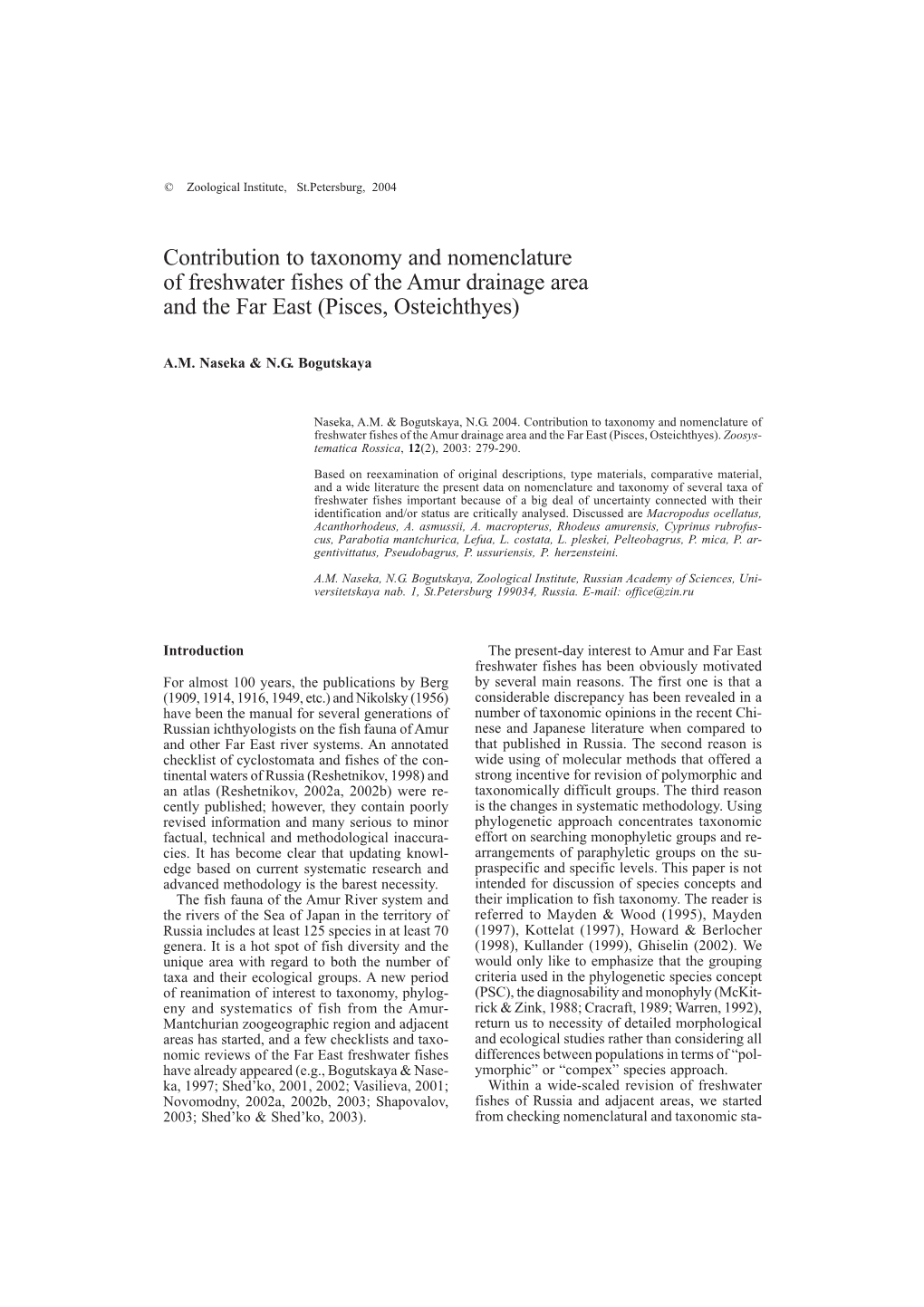 Contribution to Taxonomy and Nomenclature of Freshwater Fishes of the Amur Drainage Area and the Far East (Pisces, Osteichthyes)